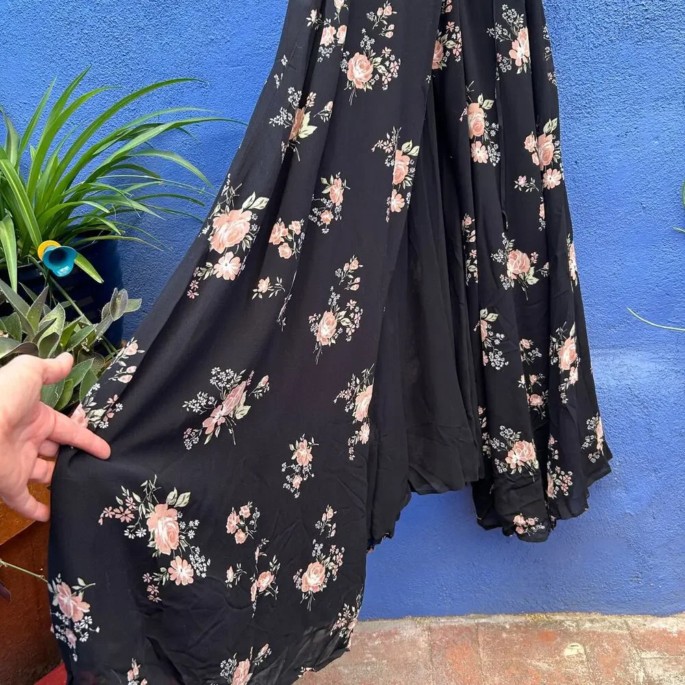 reformation black floral clarice peppermint sleeveless wrap maxi dress gown - Picture 7 of 10